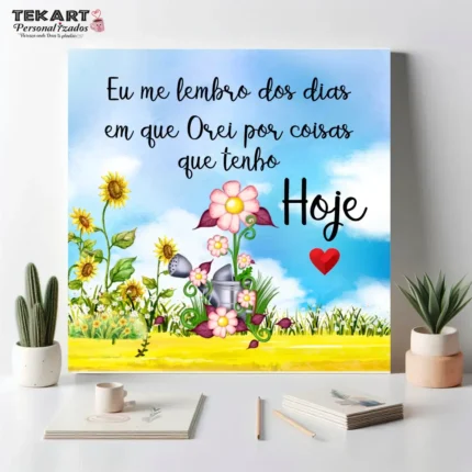 Azulejo personalizado com a frase 'Eu me lembro dos dias que orei por coisas que tenho hoje', ideal para decoração inspiradora