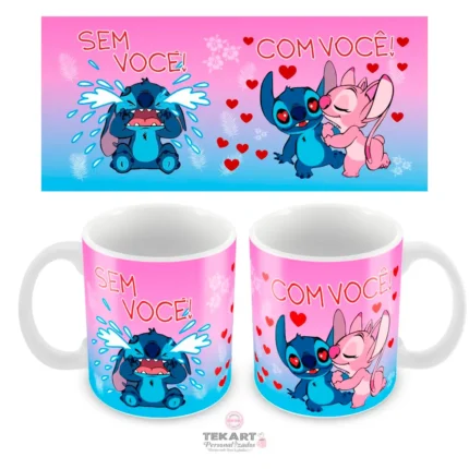 Caneca personalizada casal Stitch romântica com frase sem você com você
