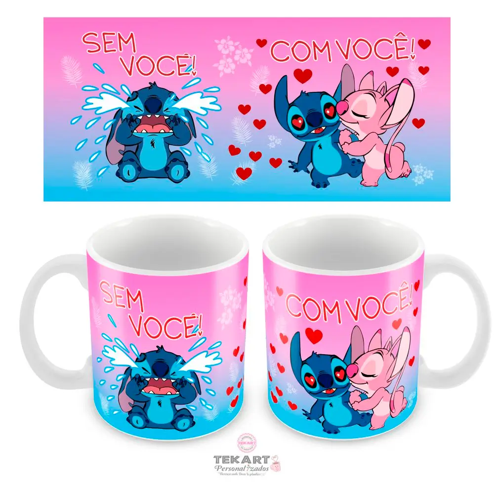 Caneca Personalizada Casal Stitch Romântica Caneca personalizada casal Stitch romântica com frase sem você com você