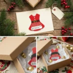 Presente de fim de ano para colaboradores com vestido de Mamãe Noel em papel fotográfico, xuxinha de cabelo, mensagem personalizada, embalagem individual e identidade visual da empresa.