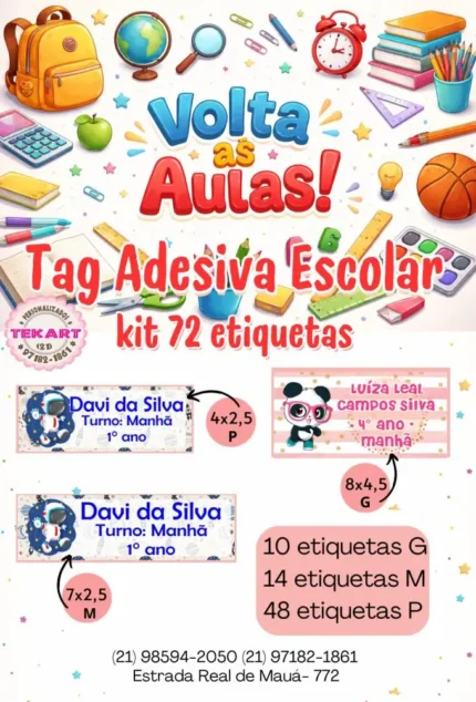 Kit com 72 etiquetas escolares personalizadas Volta às Aulas com nome e turno do aluno - Tekart Personalizados Magé RJ