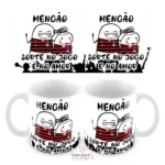 Arte completa para caneca Flamengo casal com personagens Flork, torcida rubro-negra e frase Sorte no Jogo e no Amor.